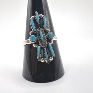 Southwest Turquoise Sterling Silver Cluster Needlepoint Size 10.5 Statement Ring